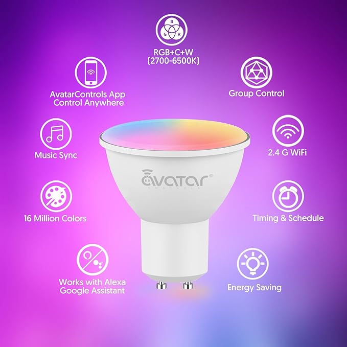 GU10 Smart Bulb 4 Pack, RGBCW Color Changing Alexa LED Light Bulbs 5W - WiFi Track Light Bulbs Dimmable Music Sync 2.4G WiFi Smart Bulbs Compatible with Google Assistant for Kitchen, Bedroom