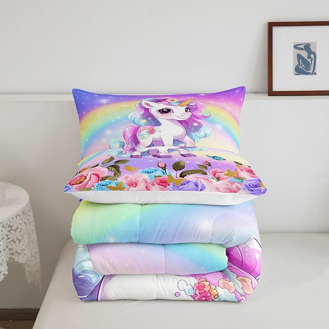 Cute Unicorn Kids Comforter Set Queen Size,Rainbow Starry Sky Roses Dreamy Bedding Set,Girls Women Room Decor,Cartoon Animals Flowers Down Comforter,Pink Purple Unique Duvet Insert,2 Pillowcases