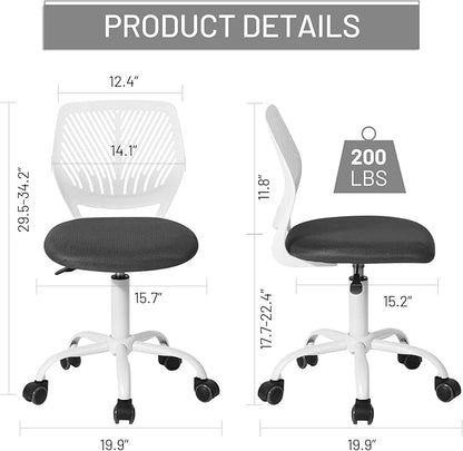 FurnitureR Desk Chair Small Study Chairs Armless for Child Kids Teens, Swivel Rolling Lightweight Task Chair with Wheels and Mesh Padded Cushion, Black/Grey
