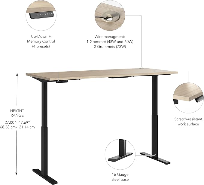 Bush Business Furniture Move 60 Series 72W x 30D Electric in Natural Elm with Black Base, Ergonomic Sit-Stand Computer Table for Home and Professional Office