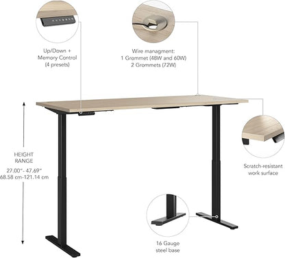 Bush Business Furniture Move 60 Series 72W x 30D Electric in Natural Elm with Black Base, Ergonomic Sit-Stand Computer Table for Home and Professional Office