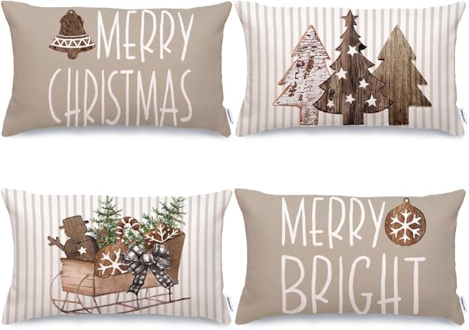 GEEORY Christmas Pillow Covers 12 x 20 Set of 4, Striped Wooden Tree Snow Sleigh Merry Bright Xmas Holiday Decor Decorative Throw Cushion Case Decoration for Home Party Sofa Couch (Brown) G399-12