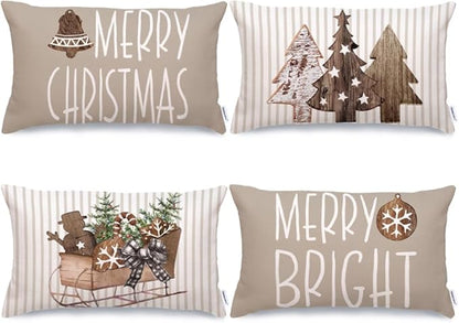 GEEORY Christmas Pillow Covers 12 x 20 Set of 4, Striped Wooden Tree Snow Sleigh Merry Bright Xmas Holiday Decor Decorative Throw Cushion Case Decoration for Home Party Sofa Couch (Brown) G399-12