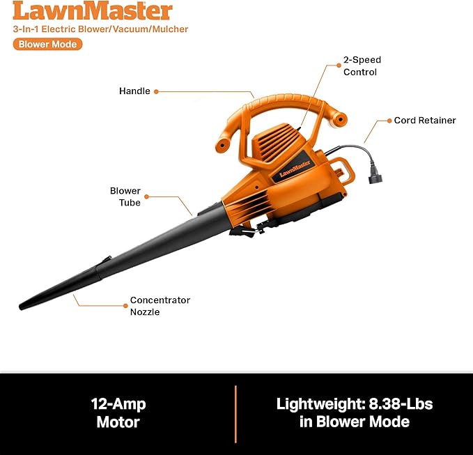 LawnMaster BV1210 Electric Blower Vacuum Mulcher 12 Amp 2-Speed Adjustment with Metal Impeller 240 MPH 380 CFM 16:1 Mulch Ratio