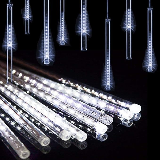Christmas Lights Outdoor UL Certified Meteor Shower Lights 12Inch 8Tubes 192LED Falling Rain Drop Lights Icicle Snow Cascading Xmas Lights for Tree Wedding Party Garden Decoration,White
