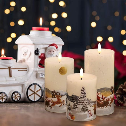 DRomance Christmas White LED Flameless Flickering Candles Battery Operated with 10-Key Remote and Timer Set of 3 Realistic 3D Wick Real Wax Holiday Flameless Pillar Candles, Santa Decal