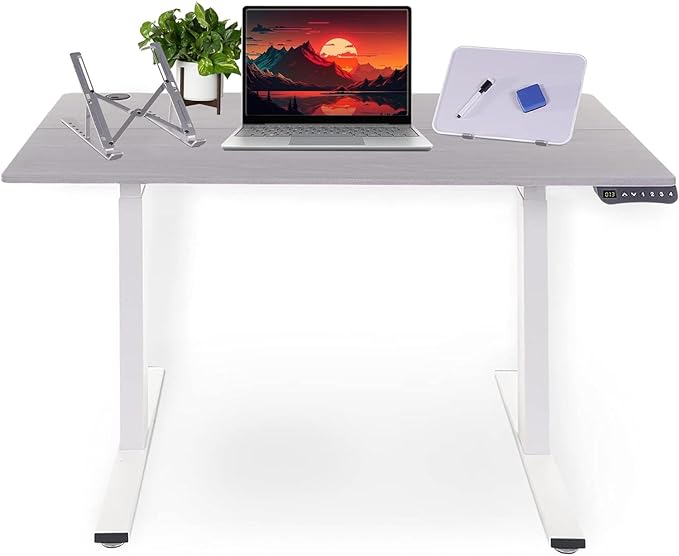 Electric Standing Desk - Adjustable Height Desk with Laptop Stand, Sit Stand Desk, Riser Table (48 inch x 24 inch), Smoothly and Quietly Adjust from 27 to 45 inches, White Frame, Gray Desktop