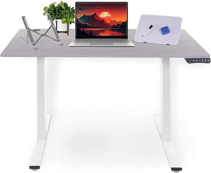 Electric Standing Desk - Adjustable Height Desk with Laptop Stand, Sit Stand Desk, Riser Table (48 inch x 24 inch), Smoothly and Quietly Adjust from 27 to 45 inches, White Frame, Gray Desktop