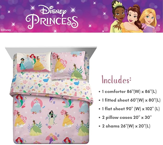 Franco Disney Princess Kids Bedding Super Soft Comforter and Sheet Set with Sham, 7 Piece Queen Size, (Officially Licensed Product)