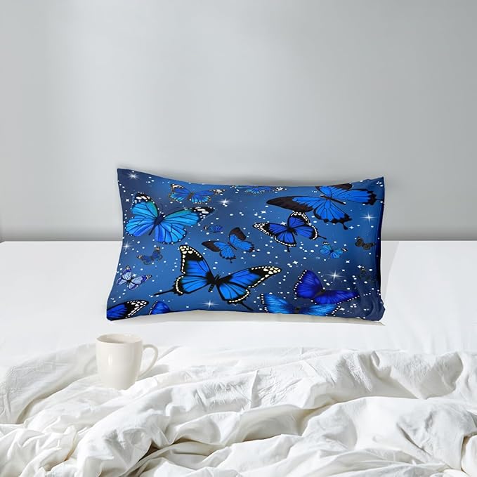 Blue Butterfly Comforter, Butterfly Bedding Set for Girls, Blue Butterflies with Sky Stars Prints Comforter Set for Women Girls Butterfly Bedding Twin Size Quilt Set, 1 Comforter + 1 Pillowcase