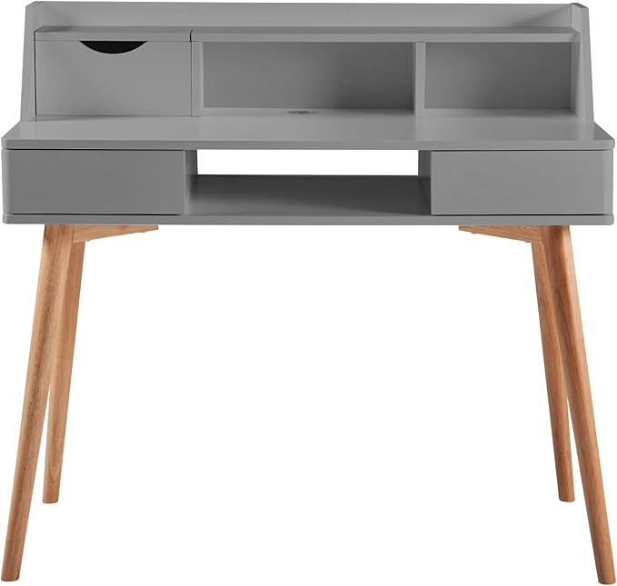 Teamson Home Creativo Writing Study Computer Desk with Solid Wood Legs, Storage Drawers and Open Shelves Hutch for Home Office Living Room Reading Bedroom, 37 inch Height, Gray
