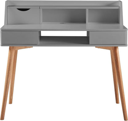 Teamson Home Creativo Writing Study Computer Desk with Solid Wood Legs, Storage Drawers and Open Shelves Hutch for Home Office Living Room Reading Bedroom, 37 inch Height, Gray
