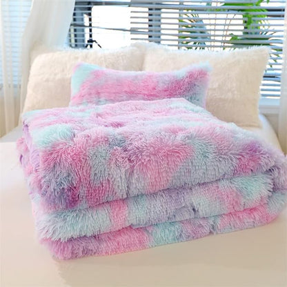 Faux Fur Kids Girls Purple Rainbow Comforter Sets Twin/Full - 3PC Bed Set Warm Comfortable Soft Plush Flannel Velvet Fluffy Fuzzy Bedding（Comforter x 1 Pillowcases x 2）