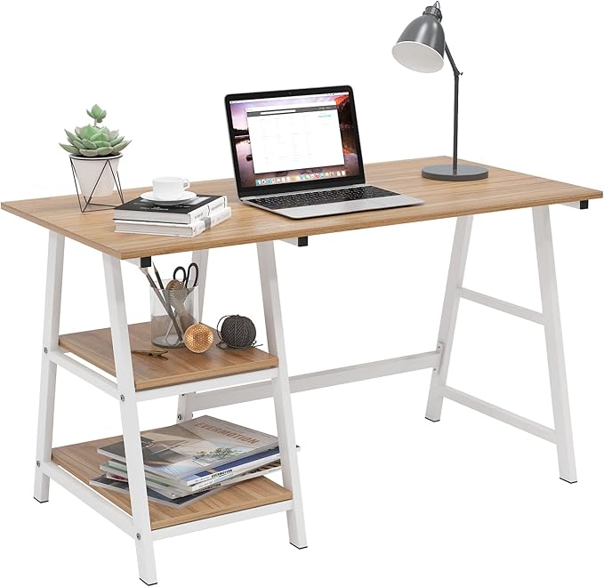 SogesHome Computer Desk 47inches Trestle Desk PC Desk with Shelf Office Desk Workstation for Home Office Use Writing Table, Oak, Tplus-120OK-SH