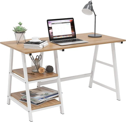 SogesHome Computer Desk 47inches Trestle Desk PC Desk with Shelf Office Desk Workstation for Home Office Use Writing Table, Oak, Tplus-120OK-SH