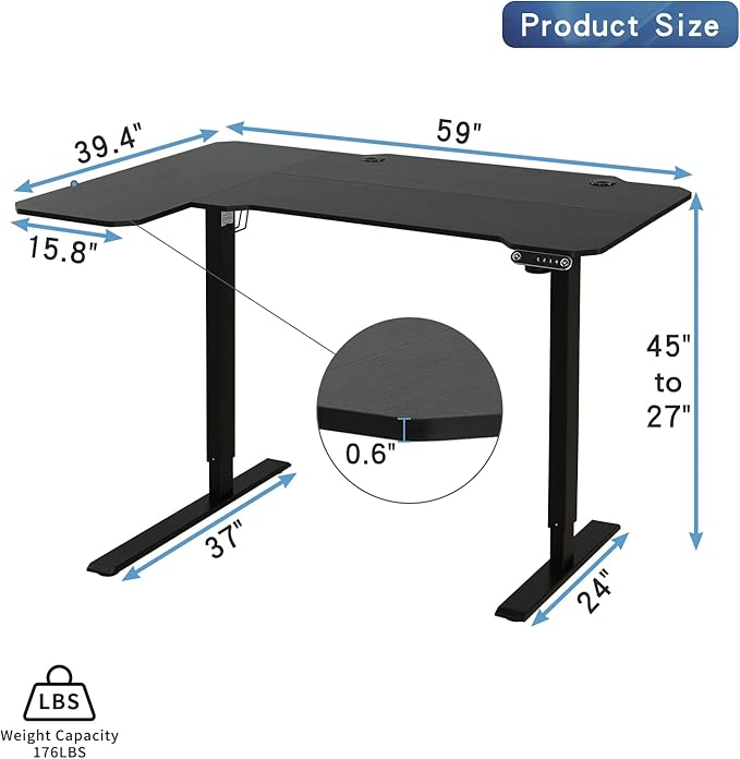 Adjustable Height L-Shaped Electric 59 Inch Sit-Stand Computer Desk with 3 Splice Boards, Lockable Casters-Ideal for Home Office, 59Inch, Black
