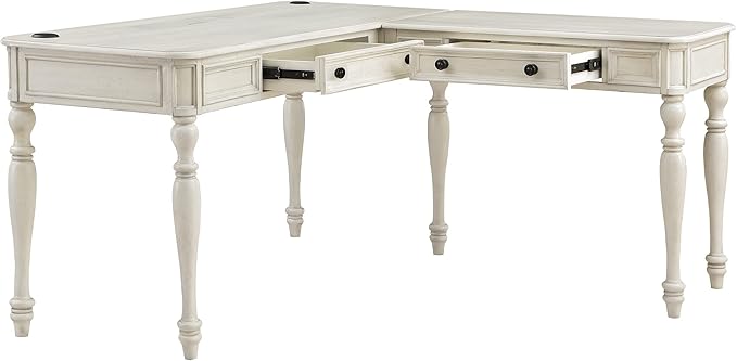 OSP Home Furnishings Country Meadows L-Shape Desk with 2 Full Drawers and Power Hub, Antique White