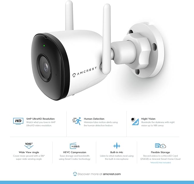 Amcrest SmartHome 4MP Outdoor WiFi Camera Bullet 4MP Outdoor Security Camera, 98ft Night Vision, Built-in Mic, 106° FOV, 2.8mm Lens, MicroSD Storage (Sold Separately), ASH43-W (White)
