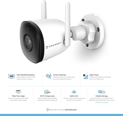 Amcrest SmartHome 4MP Outdoor WiFi Camera Bullet 4MP Outdoor Security Camera, 98ft Night Vision, Built-in Mic, 106° FOV, 2.8mm Lens, MicroSD Storage (Sold Separately), ASH43-W (White)