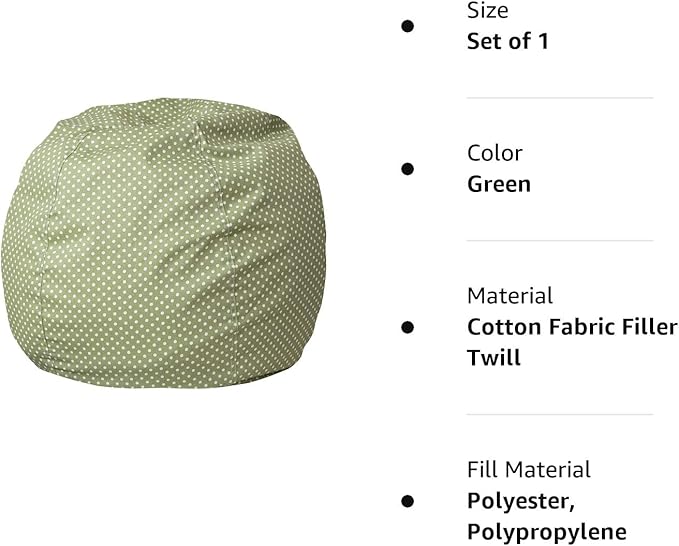 Flash Furniture Dillon Small Bean Bag Chair for Kids and Teens, Foam-Filled Beanbag Chair with Machine Washable Cover, Green Polka Dot