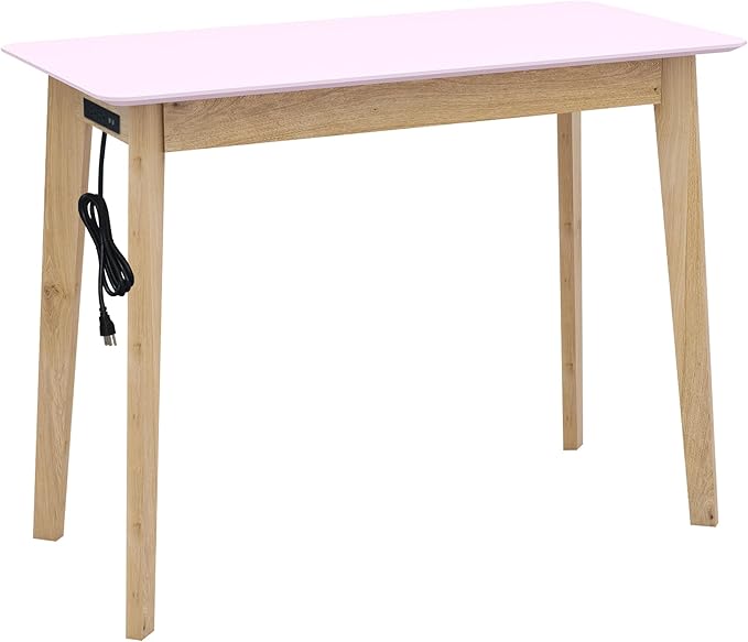 TaoHFE Pink Vanity Table with Rubber Wood Legs Small Spaces Girl Vanity Desk Glossy Pink 39 Inch Makeup Desk with USB Dressing Table No Mirror Computer Desk for Home Modern Vanity Desk for Bedroom