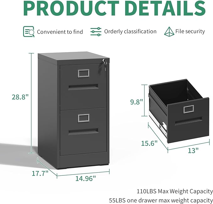 2 Drawer File Cabinet,Metal Filing Cabinets with Lock,Black Vertical File Cabinet for Home Office,Heavy Duty Metal Storage Cabinet for A4/Letter/Legal Size File,Assembly Required