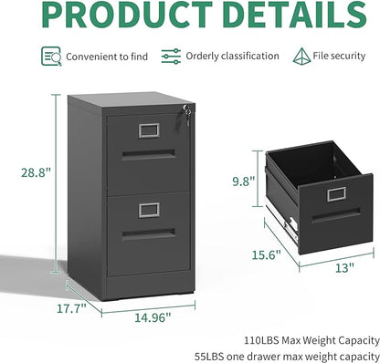 2 Drawer File Cabinet,Metal Filing Cabinets with Lock,Black Vertical File Cabinet for Home Office,Heavy Duty Metal Storage Cabinet for A4/Letter/Legal Size File,Assembly Required