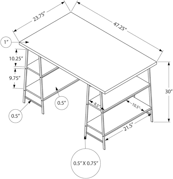 Monarch Specialties 7526 Computer Desk, Home Office, Laptop, Storage Shelves, 48" L, Work, Metal, Laminate, Black, Contemporary, Modern Desk-48 L Grey Stone-Look, 47.25" L x 23.75" W x 30" H