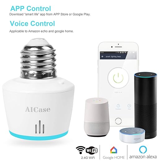 AICase Smart WiFi E27/E26 Light Socket, [2 Pack] Intelligent WLAN Home Remote Control Light Lamp Bulb Holder Compatible with Alexa and Google Home-White
