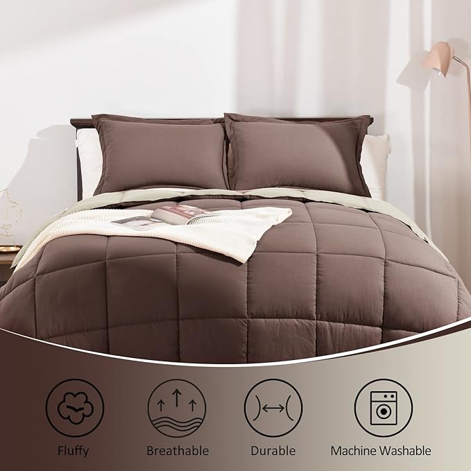 Basic Beyond Queen Comforter Set - Fluffy Comforter Queen Set for All Seasons - Reversible Comforter Set Queen Size for Mens - 3 Pieces (1 Comforter + 2 Pillow Shams) - Brown/Ivory