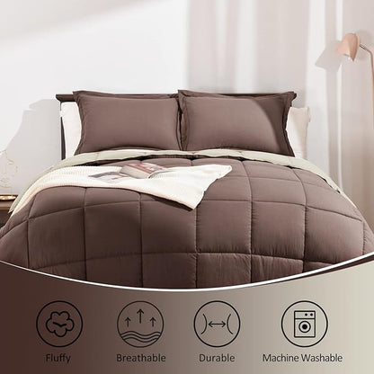 Basic Beyond King Size Comforter Set - Fluffy King Bed Comforter Set for All Seasons - Reversible Bedding King Size Comforter Set - 3 Pieces (1 Comforter + 2 Pillow Shams) - Brown/Ivory