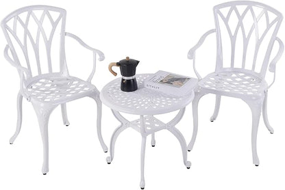 Jardin DE CENTENNAIL 3-Piece Outdoor Bistro Set Cast Aluminum Rust-Resistant Patio Furniture Armchairs Design (White)