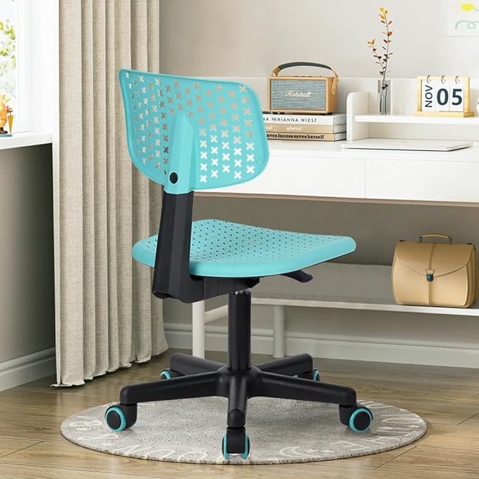 Desk Chair Armless Cute Office Chair, Low Back Rolling Home Office Task Chair Adjustable Swivel Study Chair for Girls Teens Adults Children Kids, Turquoise