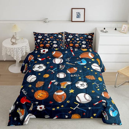 Feelyou Sports Theme Comforter Set 3D Blue Ball Bedding Set Baseball Football Basketball Comforter for Children Kids Boys Girls Microfiber Competitive Games Duvet Set Room Decor Quilt Set Full Size
