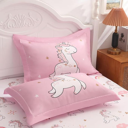 Wajade Kids Pink Unicorn Comforter Set Bed in A Bag Queen Size 7 Piece Cute Unicorn Rainbow Clouds Bedding Set for Girls (1 Comforter, 1 Flat Sheet, 1 Fitted Sheet, 2 Pillowcase and 2 Pillow Sham)