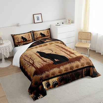 Feelyou Cute Wolf Comforter Set for Girls Boys Kids Wolves Howling Bedding Set Room Decorative Animal Wolves Tree Pattern Bedding Set Exotic Style Brown Black Duvet Set Twin Size 2Pcs Quilt Set