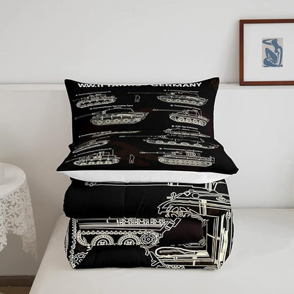 Tank Comforter Set King, War Theme Bedding Set, Soldier Dirt Bike Camouflage Army Acting Down Comforter for Kid Boy Teen Men,Camo Vintage Style Quilt Set, Military Vehicle Duvet Set Room Decor