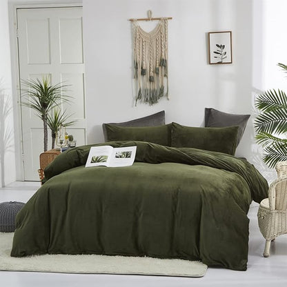 Wellboo Army Green Velvet Comforters King Solid Dark Green Fluffy Bedding Comforters Women Men Plain Fluffy Olive Green Soft Quilts Cozy Blackish Green Flannel Blankets Puffy Military Hunter Green Bed