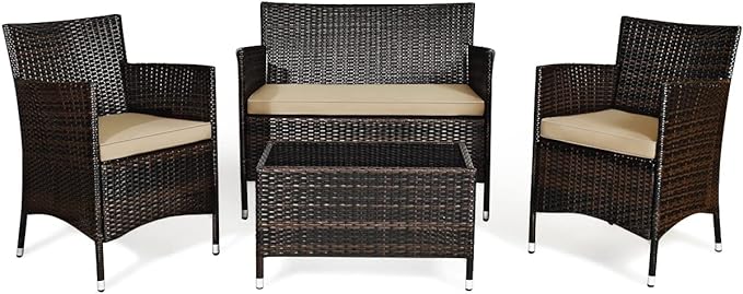 Goplus 4-Piece Rattan Patio Set, Outdoor/Indoor Wicker Conversation Set for Pool, Backyard, Lawn, Wicker Chairs and Sofa with Soft Cushion, Rattan Furniture with Tempered Glass Coffee Table