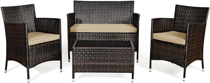 Goplus 4-Piece Rattan Patio Set, Outdoor/Indoor Wicker Conversation Set for Pool, Backyard, Lawn, Wicker Chairs and Sofa with Soft Cushion, Rattan Furniture with Tempered Glass Coffee Table