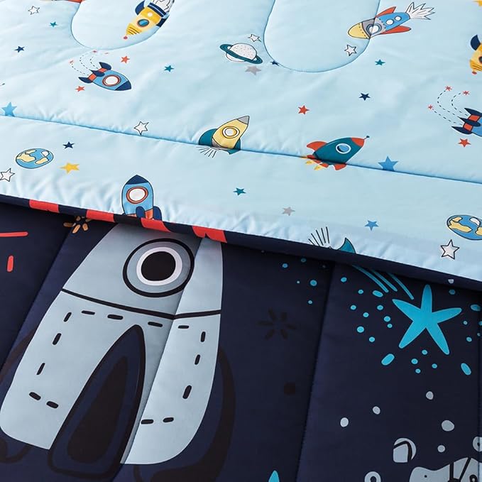 ADASMILE A & S Kids Space Comforter Set 6 Pieces Space Bedding Twin Size for Boys Space Ship Rocket Bedding Galaxy Bed in a Bag Comforter Twin Outer Space Bed Set with Blue Space Sheets Home Decor