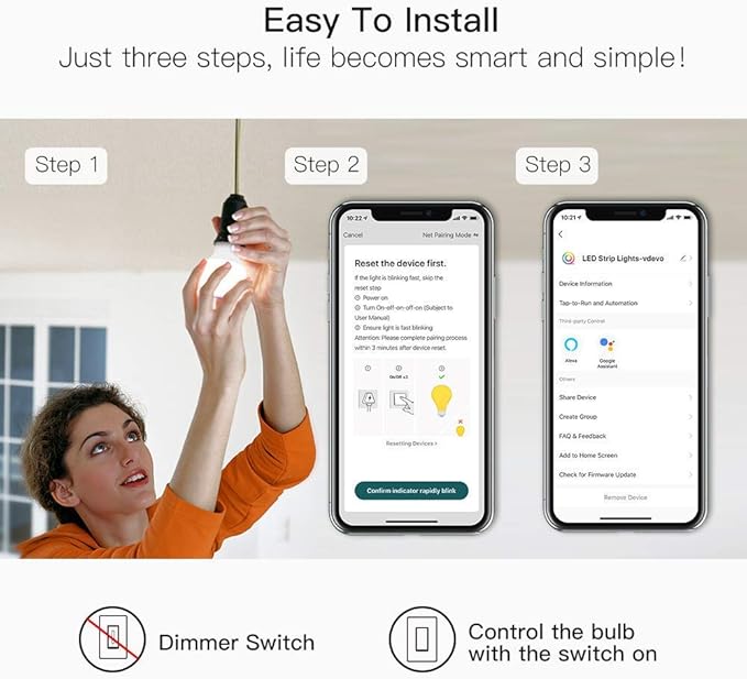 TREATLIFE Smart Light Bulbs, WiFi LED Light Bulb, Dimmable Smart Bulb Works with Alexa, Google Home, SmartThings, Warm White& Cool White(2700K-6500K), 2.4Ghz, 800LM, E26, A19, 9W, No Hub Required