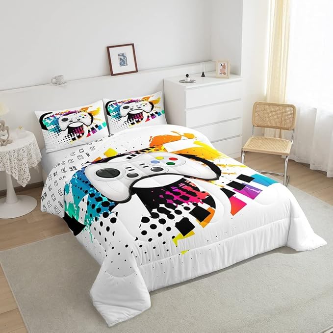 Kids Gaming Comforter Set King Gamer Bedding Set, Modern Console Game Controller Duvet Set for Boys Girls Teens, White Gamepad Quilt Set, Tie Dye Colorful Comforter Set Grey White Soft Bedding Set