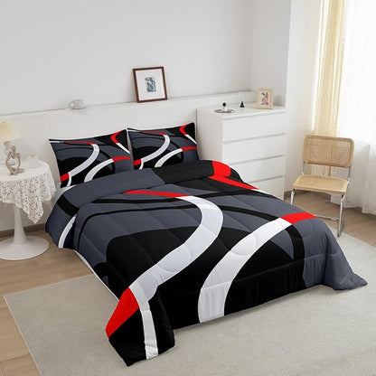 Feelyou Geometric Circle Comforter Set Red Grey and Black Comforter for Kids Boys Girls Teens Geometry Bedding Set Breathable Abstract Art Duvet Set Modern Luxury Room Decor Quilt Set Queen Size