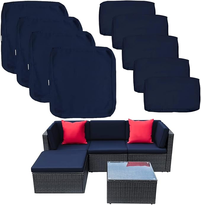 ClawsCover 9 Pack Outdoor Seat and Back Cushion Replacement Covers Fit for 5 Pieces 4-Seater Wicker Rattan Furniture Patio Conversation Set Sectional Couch,Navy-Include Cover Only(Small)
