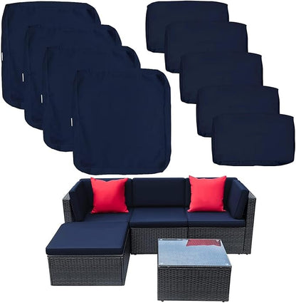 ClawsCover 9 Pack Outdoor Seat and Back Cushion Replacement Covers Fit for 5 Pieces 4-Seater Wicker Rattan Furniture Patio Conversation Set Sectional Couch,Navy-Include Cover Only(Small)