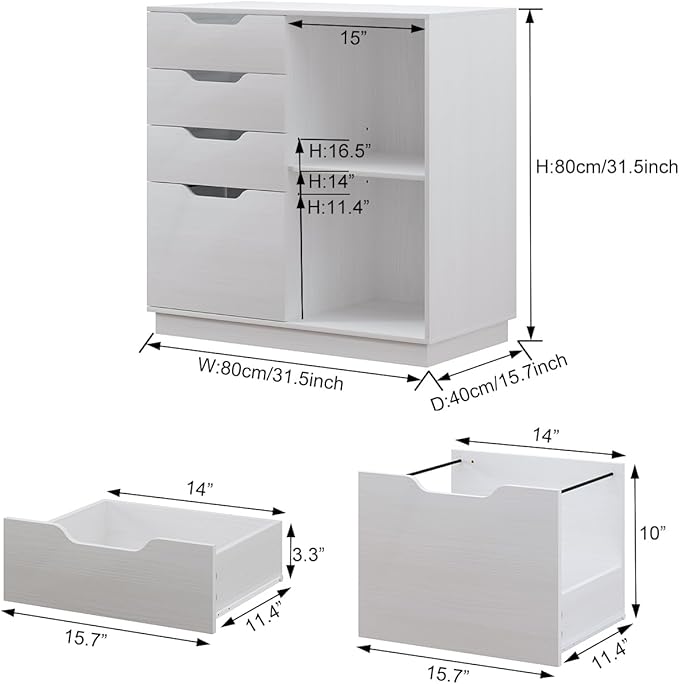 4 Drawers Lateral File Cabinets, Wood Filing Cabinet, Printer Stand with Open Storage Shelves for Home Office, 6 Compartments, White