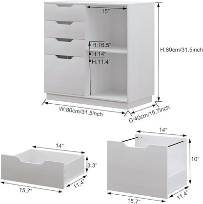 4 Drawers Lateral File Cabinets, Wood Filing Cabinet, Printer Stand with Open Storage Shelves for Home Office, 6 Compartments, White