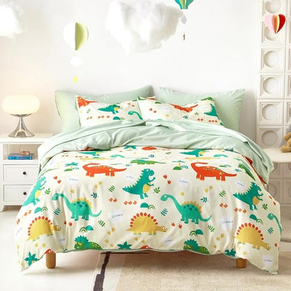 Wake In Cloud - Dinosaur Bedding Set for Boys, Cute Colorful Dinosaur Comforter Set with Sheets, 5 Pieces Kids Bed in a Bag, Cream Green, Twin Size