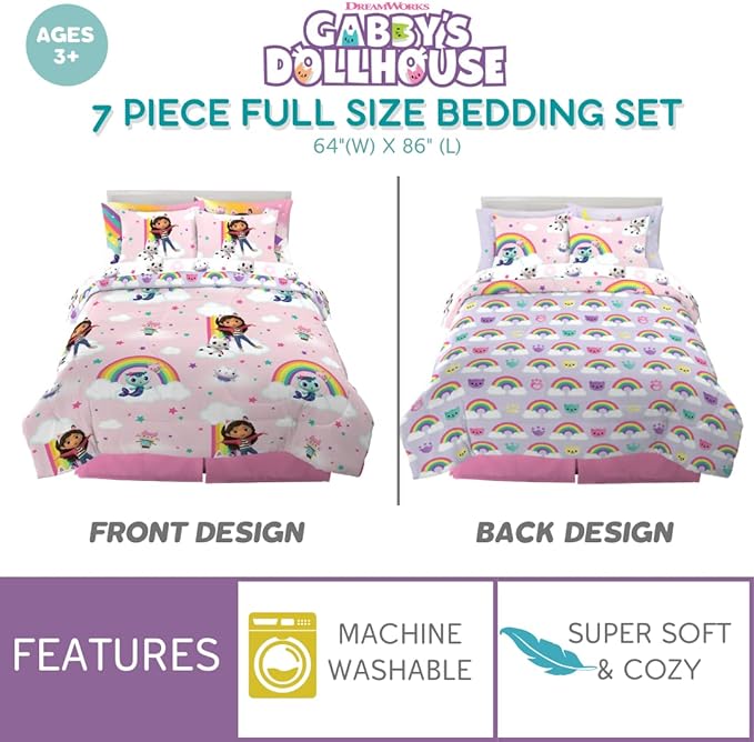 Franco Gabby's Dollhouse Kids Bedding Super Soft Comforter and Sheet Set with Sham, 7 Piece Full Size, (Officially Licensed Product)